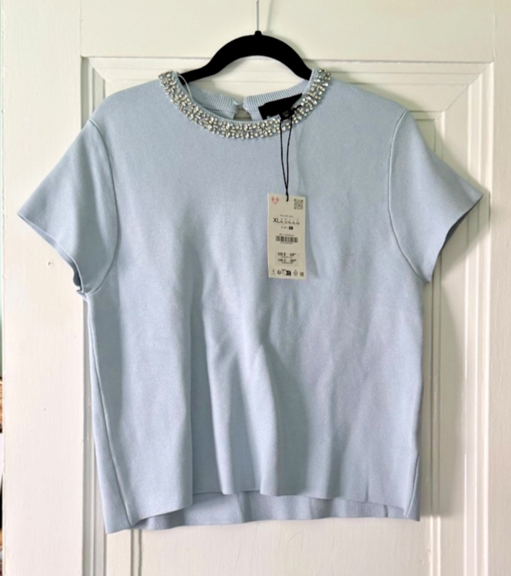 Zara Jewel Neck Knit Short Sleeve Top size XL